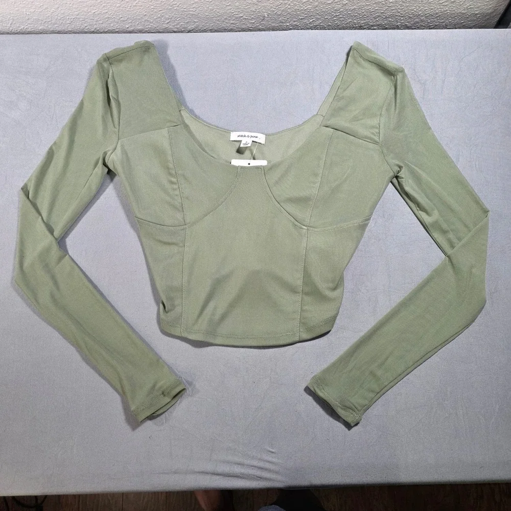 Stitch & Pine Women Seaspray Green Corset Style Long Sleeve Crop Top Small NEW